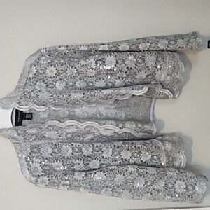 R&M Richards Silver Sequin Lace Open Shrug